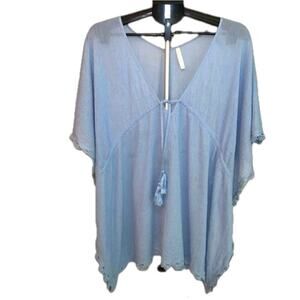 Seafolly Australia Sky Blue Crepe Swim Coverup Tassel Tie Embroidery Hem Size M